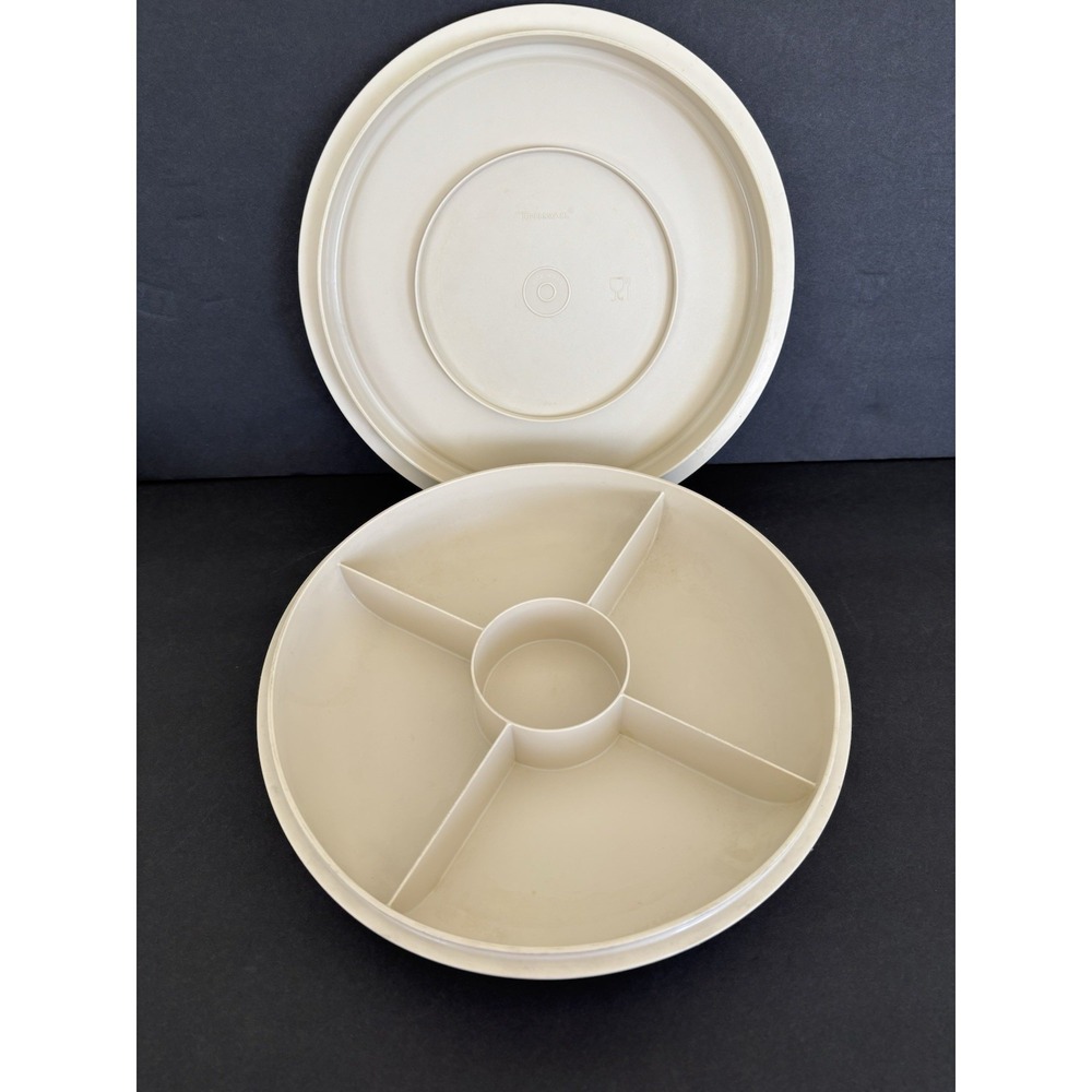 Tupperware Almond divided serving dish #1708-5 and lid #1709-6